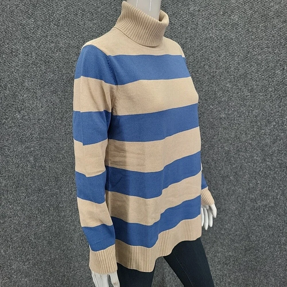 Studio Park Womens Dressy Stripe Print Turtleneck Sweater Medium Size Blue Beige